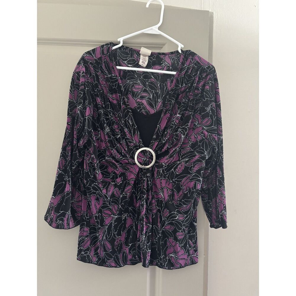 Covington Purple Black Floral Ring Front 3/4 Sleeve Top XL